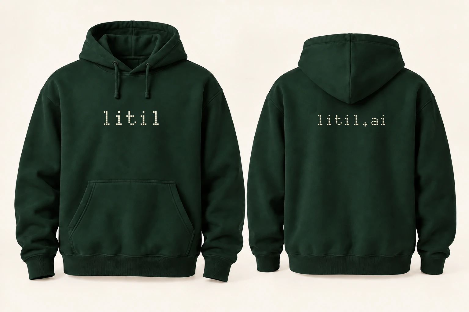 Forest-green hoodie, with the LiTiL logo on the front and large litil.ai URL logo on the back